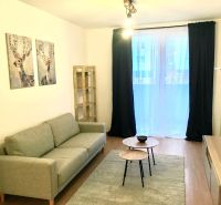 Nappali egy kétszobás lakásban kanapéval és asztalokkal fa dekor padlón.