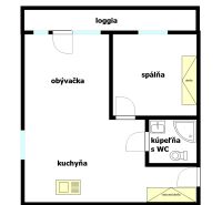 2 szobás lakás alaprajza loggiával, nappalival, konyhával és fürdőszobával WC-vel.