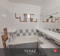 WC egy 3 szobás lakásban szürke dekor csempével és járólappal.