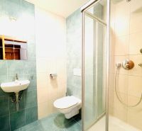Fürdőszoba WC-vel, zuhanyzóval és mosdóval egy 4 szobás lakásban.