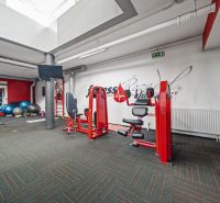 Fitnesz központ erősítő gépekkel, futópaddal és fitnesz labdákkal, Üzlethelyiségek.