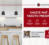 Konyha szigettel és szekrényekkel, szolgáltatás ajánlata kétszobás lakás ingatlanbemutatásához.
