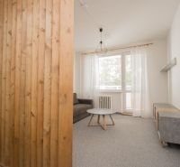 Nappali rész egy egyszobás lakásban, fa fallal és ablakkal, fehér függönyökkel.