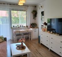 Nappali egy egyszobás lakásban, fa dekor padlóval és fehér bútorokkal.
