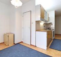 Konyha egy kétszobás lakásban konyhabútorral és kék szőnyegekkel a padlón.