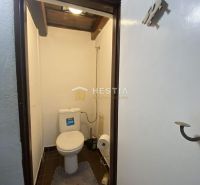 WC egy családi házban sötét padlólappal és fehér falakkal.