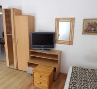 Televízió alacsony szekrényen, szekrény és tükör egy kétszobás lakásban, fa dekor padlóval.