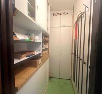 Tárolóhely egy kétszobás lakásban polcokkal és dobozokkal, zöld padlóval.