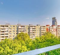 Kilátás a zölddel körülvett lakóházakra a pozsonyi Jégeho utcában, Ružinov városrészben.