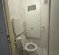 Fürdőszoba egy egyszobás lakásban WC-vel, világos csempékkel és radiátorral.