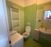 Garzonlakás fürdőszobája zöld csempével, mosdóval, WC-vel és mosógéppel.
