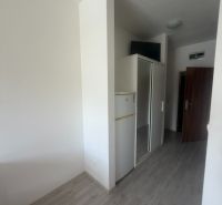 Garzonlakás fa dekor padlóval, hűtőszekrénnyel és beépített szekrénnyel.