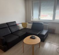 Nappali egy kétszobás lakásban fekete kanapéval és fa dekoros padlóval.