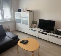 Nappali egy kétszobás lakásban fa dekoros padlóval és modern bútorokkal.