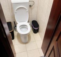 WC fehér kerámia csészével és csempével egy családi házban.