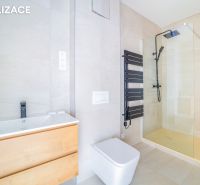 Fürdőszoba a nyaraló apartmanban sötét radiátorral és zuhanyzóval.
