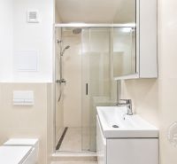 Fürdőszoba egy kétszobás lakásban WC-vel, zuhanyzóval és tárolóhellyel rendelkező mosdókagylóval.