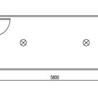 A ház alaprajza 5800x2500 mm-es méretekkel, ajtók és ablakok W1, M2 jelöléssel.