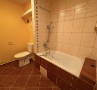 Fürdőszoba egy egyszobás lakásban káddal és WC-vel, barna tónusú csempékkel.