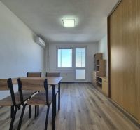 Garzonlakás fa dekor padlóval, asztallal, székekkel és beépített szekrényekkel.