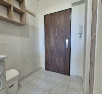 Garzonlakás csempézett padlóval, fa polccal és fa dekoros ajtóval.