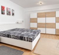 Hálószoba ággyal, ruhásszekrénnyel és fa dekorációjú padlóval egy kétszobás lakásban.