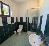 Fürdőszoba WC-vel, zuhanyzóval és mosdóval az iroda helyiségeiben.