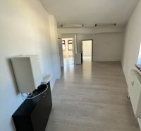 Iroda belső tér fa dekor padlóval és világos falakkal.