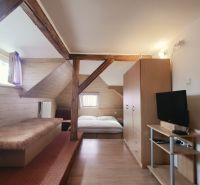 Nyaraló apartman belső tere ággyal, televízióval és fa dekorációjú padlóval.