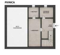A családi ház alaprajza a pincével, amely tartalmaz egy technikai helyiséget és két szobát.