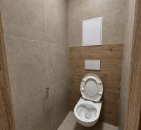 WC kerámia burkolattal és fa dekor padlóval egy 2 szobás lakásban.