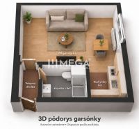 Garzonlakás 3D alaprajza: nappali szoba, konyhasarok, fürdőszoba WC-vel, bejárati folyosó.