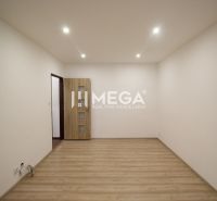 Üres szoba egy rekreációs apartmanban, fa dekorációjú padlóval és világos festéssel.