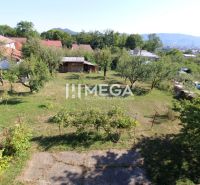 Családi ház kertje a Poľana lakótelepen, Homonnán, gyepes és gyümölcsfákkal.