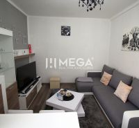Nappali rekreációs apartman szürke kanapéval, TV-vel és fa dekor padlóval.