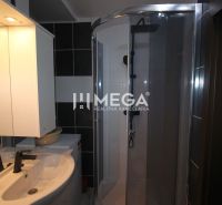 Fürdőszoba a nyaraló apartmanban mosdóval, zuhanyzóval és világítással ellátott tükörrel.
