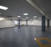 Kereskedelmi helyiségek kerámia padlóval és mennyezeti panelekkel, üres és nyitott tér.