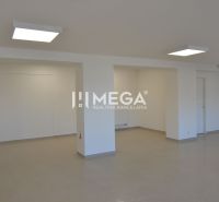 Üzlethelyiségek fehér falakkal és csempével, mennyezeti világítótestek készleteivel.