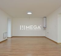 Tágas szoba egy háromszobás lakásban, fa dekorációjú padlóval.