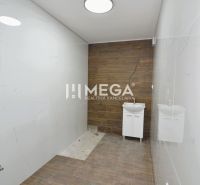 Fürdőszoba nagyméretű csempékkel és fa mintázatú padlóval egy háromszobás lakásban.