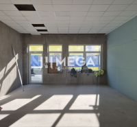 Kereskedelmi helyiségek magas ablakokkal, betonpadlóval és fehér mennyezettel.