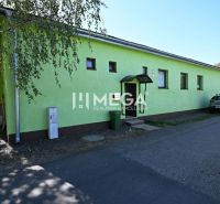 Kereskedelmi helyiségek a Fraňa Kráľa utcában, Michalovcén, útszéli parkolóval és zöld homlokzattal.