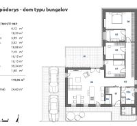 Háromszobás bungaló alaprajza terasszal családi házban.