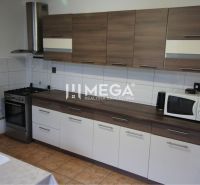 Családi ház konyhája fa dekorációval, főzőlap, mikrohullámú sütő, ventilátor.