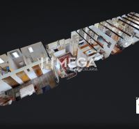 Családi ház belső 3D vizualizációja különböző szobákkal és bútorokkal.