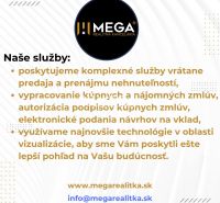 Hirdetés a Mega ingatlanközvetítő iroda szolgáltatásaira, beleértve az eladást, bérbeadást és vizualizációt.