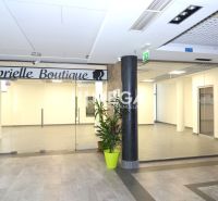 Gabrielle Boutique üzlethelyiség üvegajtói fa mintázatú padlóval.