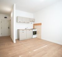 Konyhasarok beépített tűzhellyel és konyhapulttal egy egyszobás lakásban, fa mintázatú padlóval.