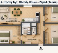 Egy 4 szobás lakás alaprajza fa dekor padlóval magában foglalja a szobákat és a konyhát.