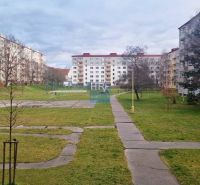 Panelházak veszik körül a füves területet járdákkal és garzonlakással.